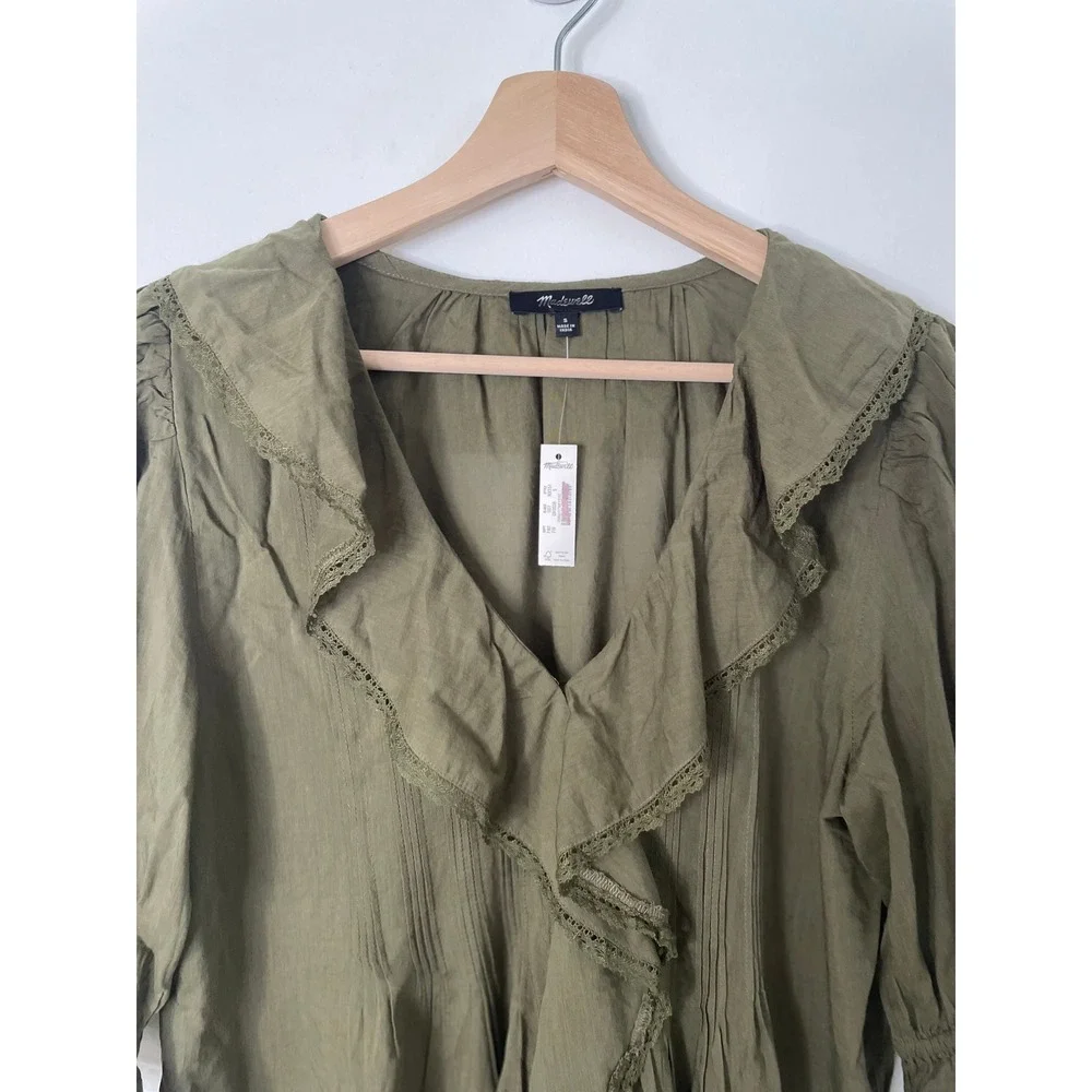 NWT Madewell Pintucked Ruffled Puff Sleeve Top Blouse Green Faded Ivy Small